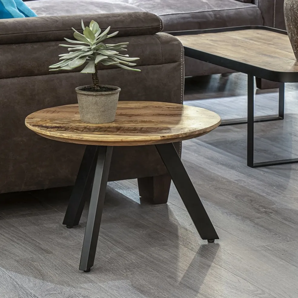 Bijzettafel rond mangohout met zwart staal 60 cm