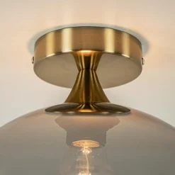 Chique plafondlamp goud met smoke/titanium glazen bol