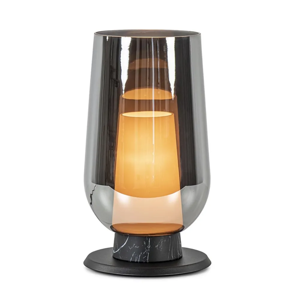 Chique tafellamp zwart marmer met smoke glazen kap