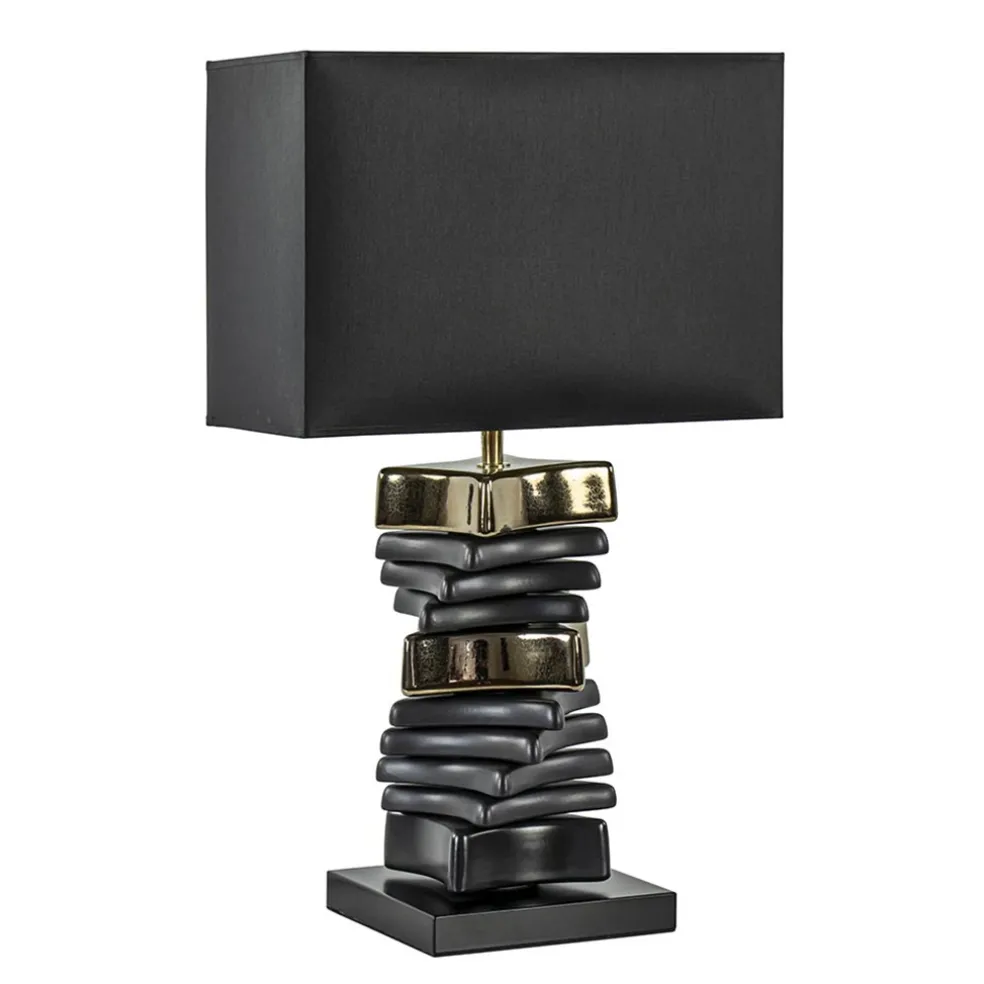 Chique tafellamp zwart met goud en rechthoekige kap