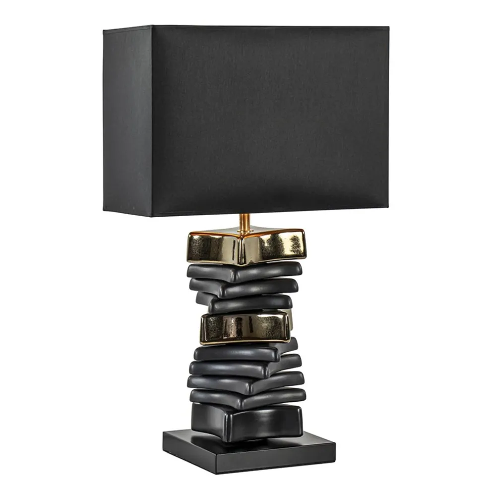 Chique tafellamp zwart met goud en rechthoekige kap