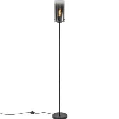 Chique vloerlamp mat zwart met smoke glas cilinder