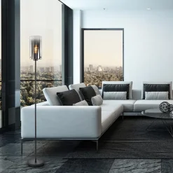 Chique vloerlamp mat zwart met smoke glas cilinder