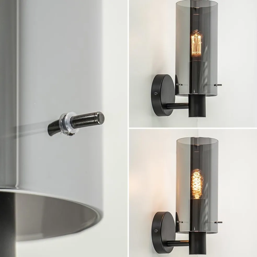 Chique wandlamp zwart met smoke glas cilinder
