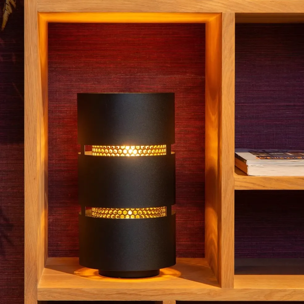 Cilinder tafellamp zwart metaal met goud