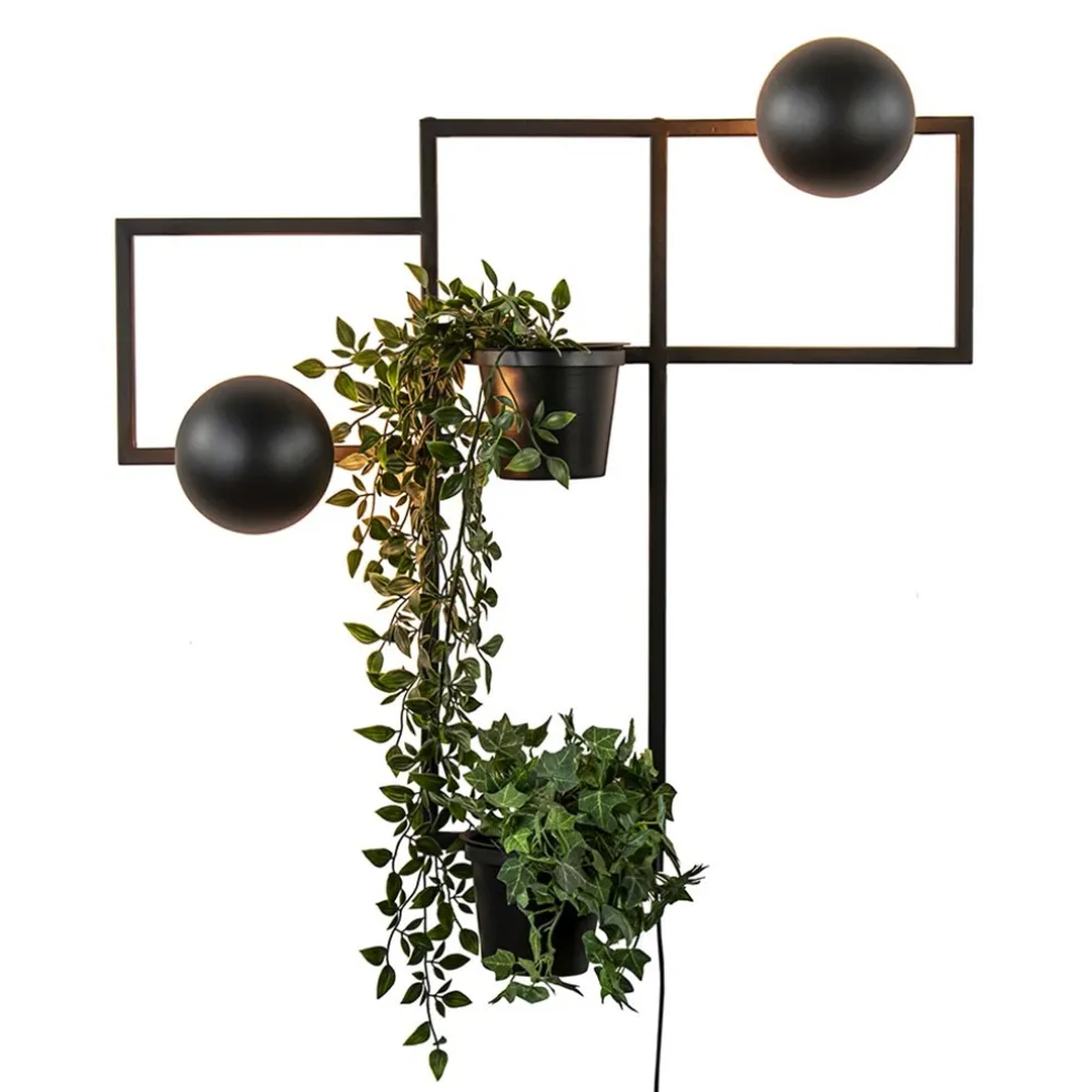 Decoratieve wandlamp zwart met 2 plantenpotten