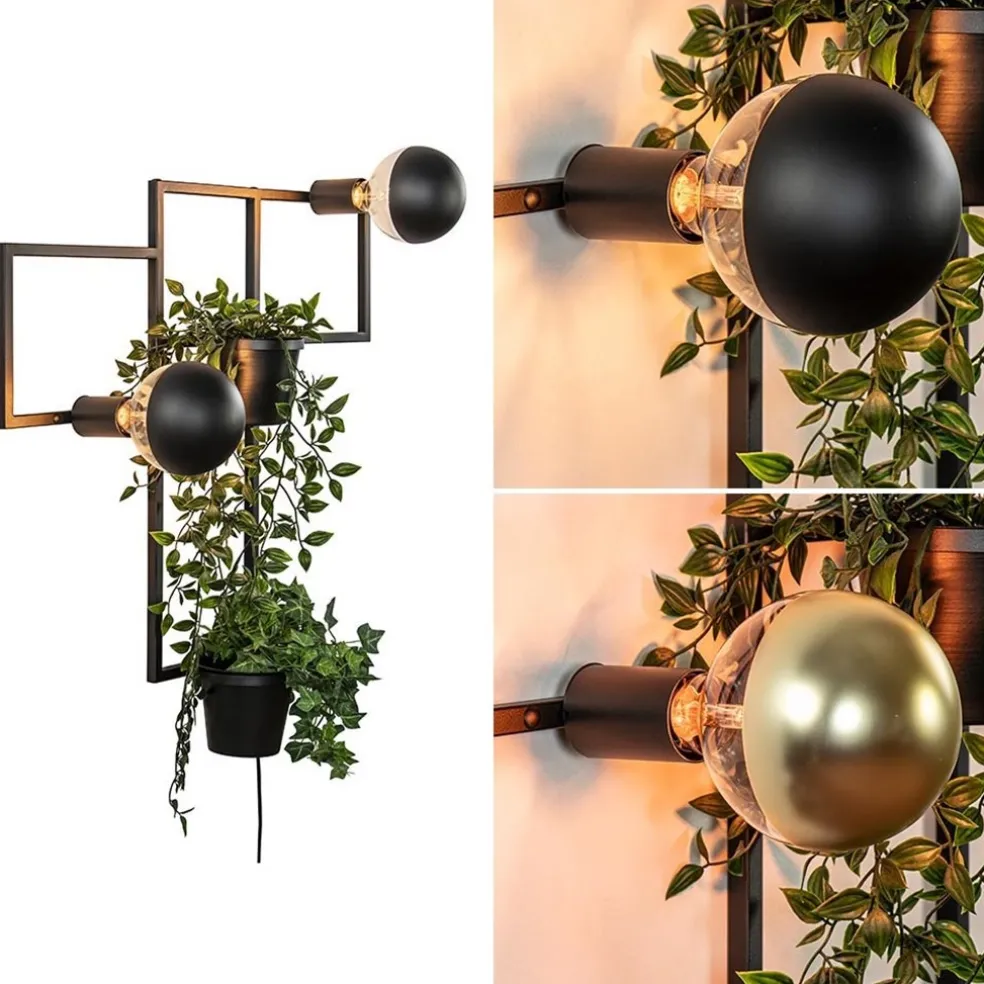 Decoratieve wandlamp zwart met 2 plantenpotten