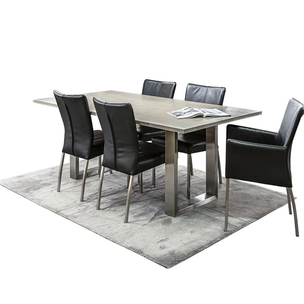 Eetkamerstoel zwart lederen zitting met RVS poten