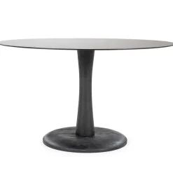 Eetkamertafel ronde glazen plaat zwart met mango houten voet