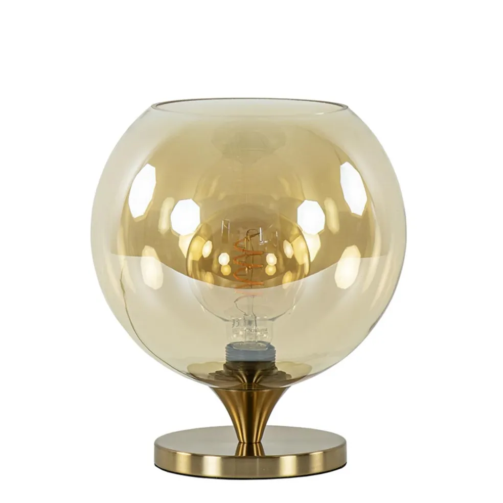 Elegante tafellamp donker goud met amber glazen bol 25 cm