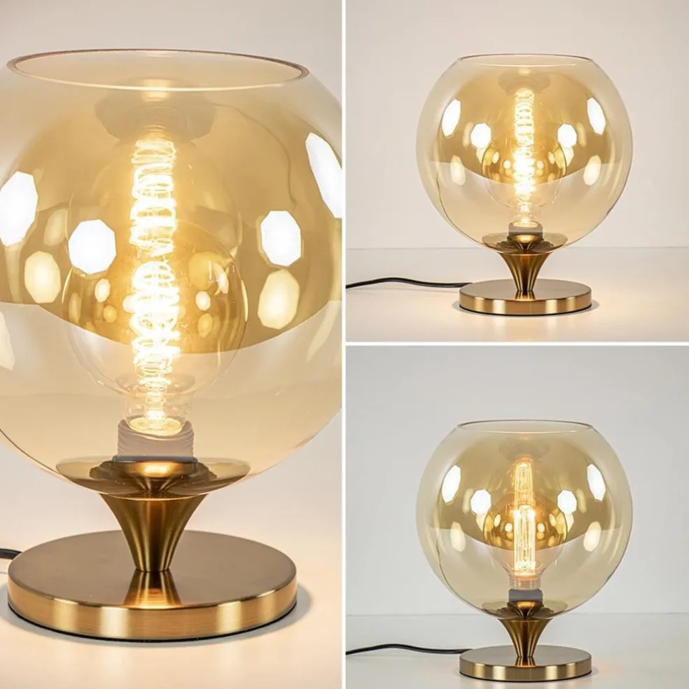 Elegante tafellamp donker goud met amber glazen bol 25 cm