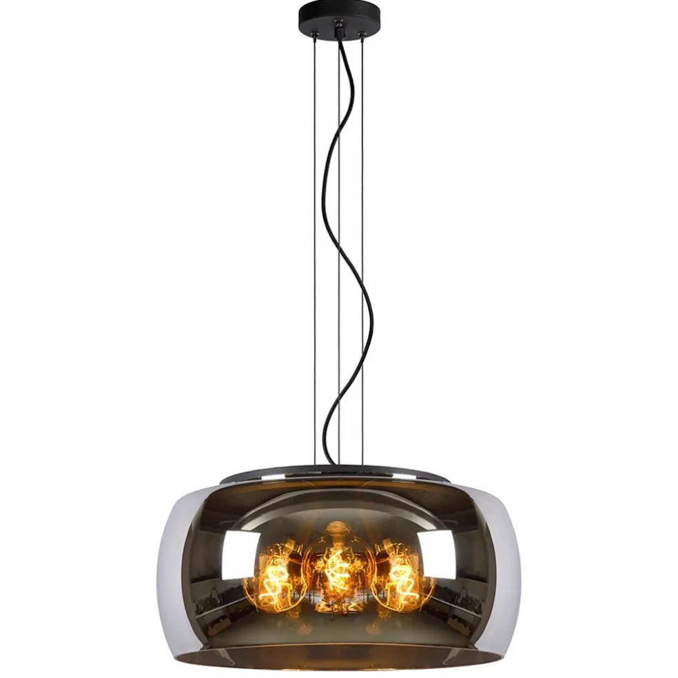 Grote hanglamp zwart met smoke glazen kap