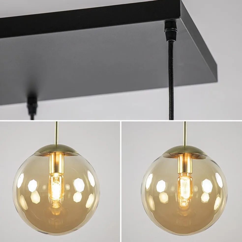 Grote 6-lichts eettafelhanglamp messing met amber glazen bollen