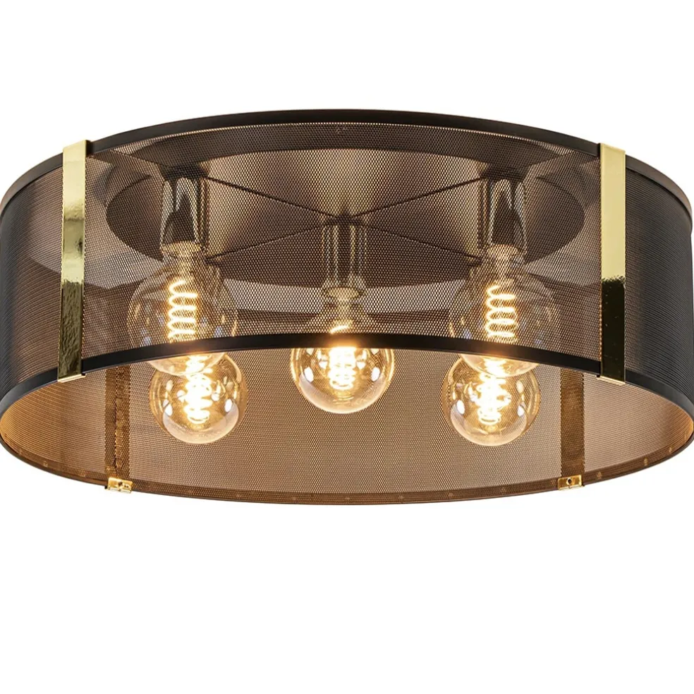 Grote ronde plafondlamp zwart gaas met goud