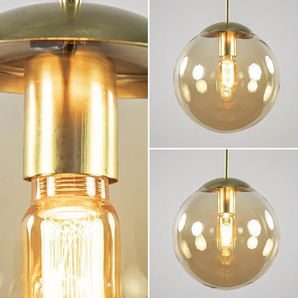 Hanglamp amber glazen bol 25 cm met messing