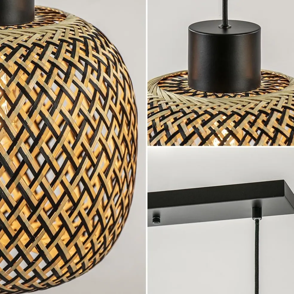 Hanglamp balk 3L zwart + bamboe