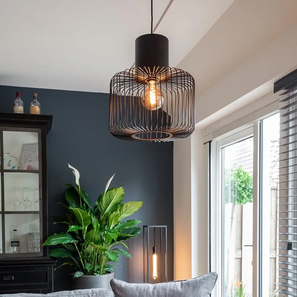 Hanglamp draad cilinder zwart met klos