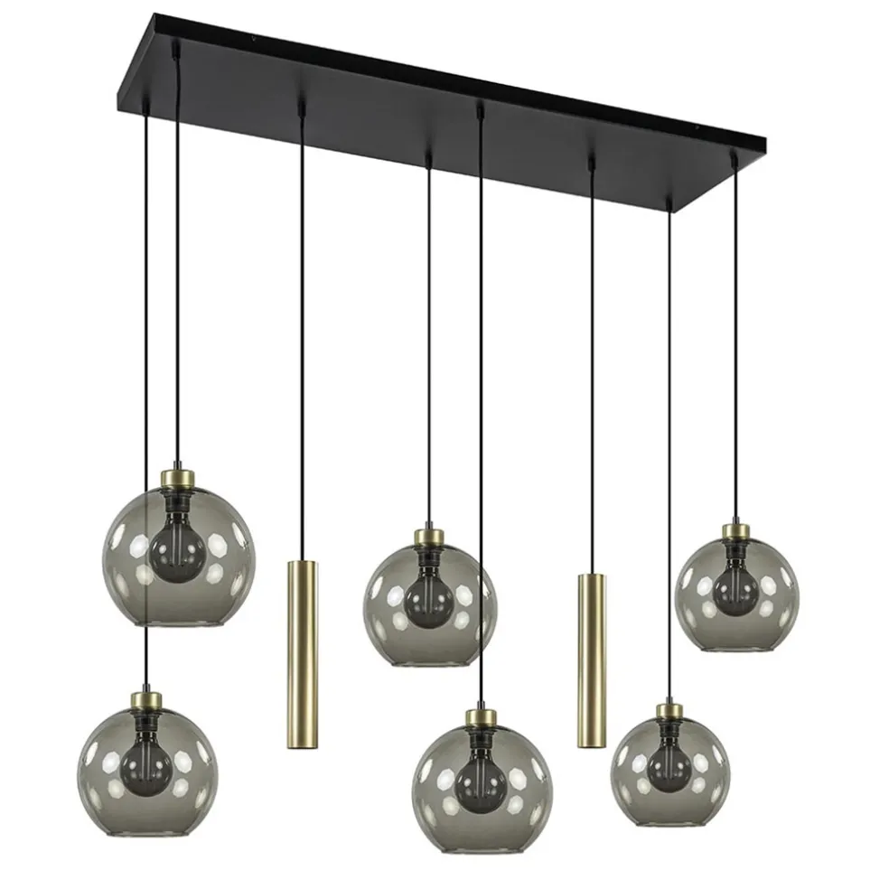 Hanglamp Globe 8L 6x glas/2xbuis goud