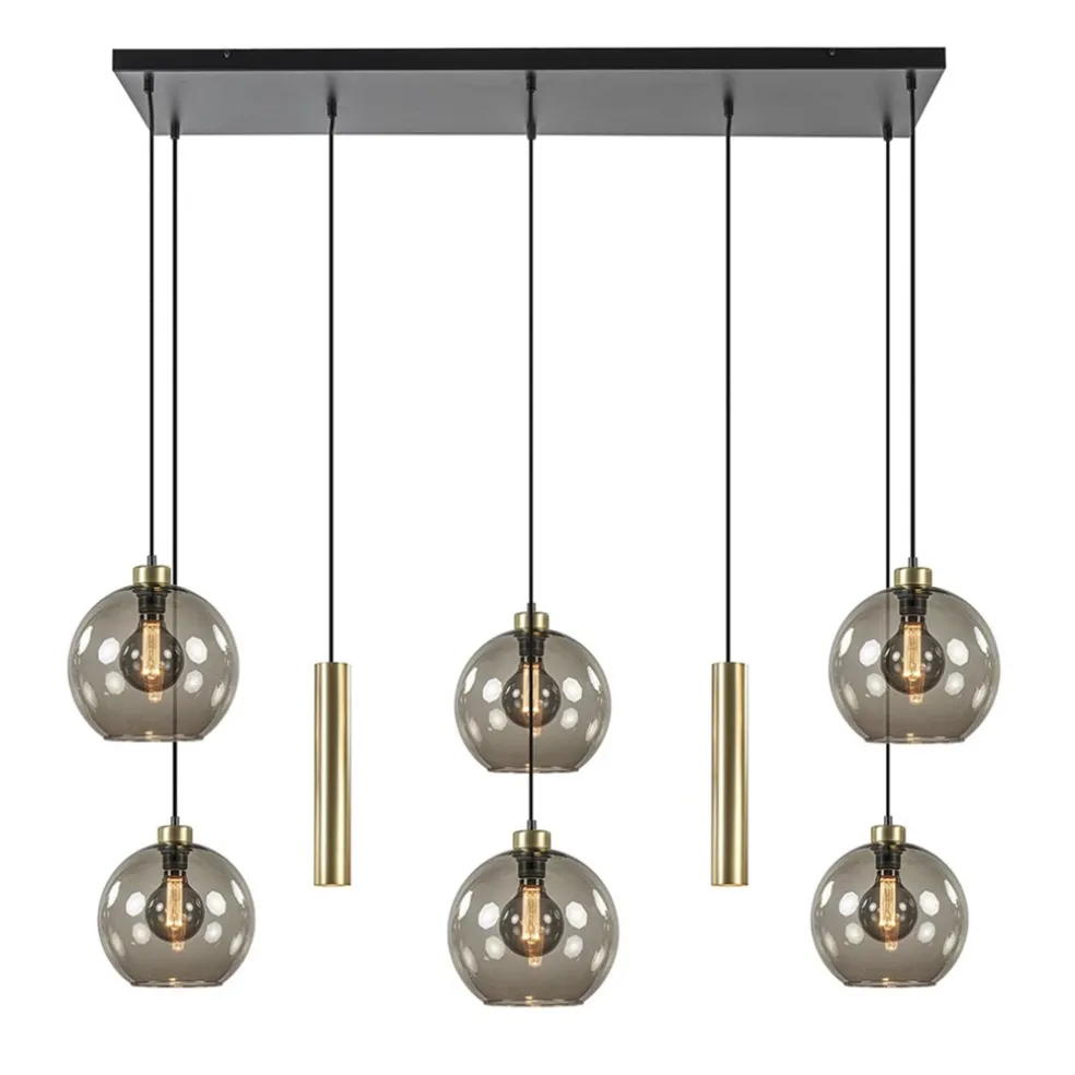 Hanglamp Globe 8L 6x glas/2xbuis goud