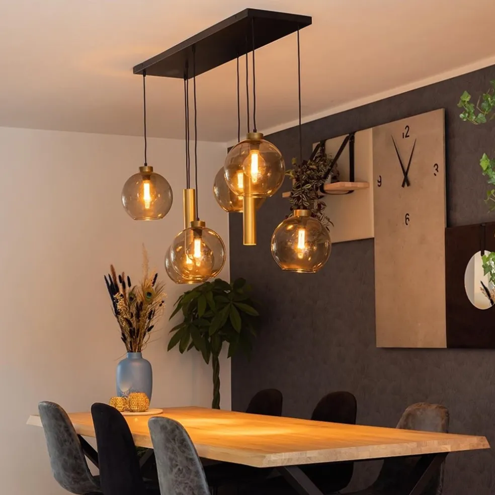 Hanglamp Globe 8L 6x glas/2xbuis goud