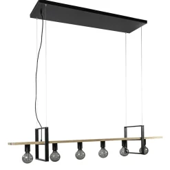 Hanglamp 6L zwart met houten planken