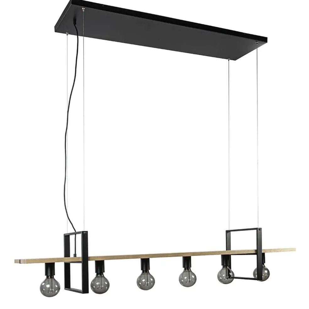 Hanglamp 6L zwart met houten planken