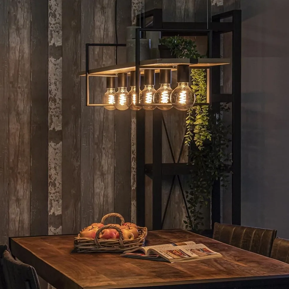 Hanglamp 6L zwart met houten planken