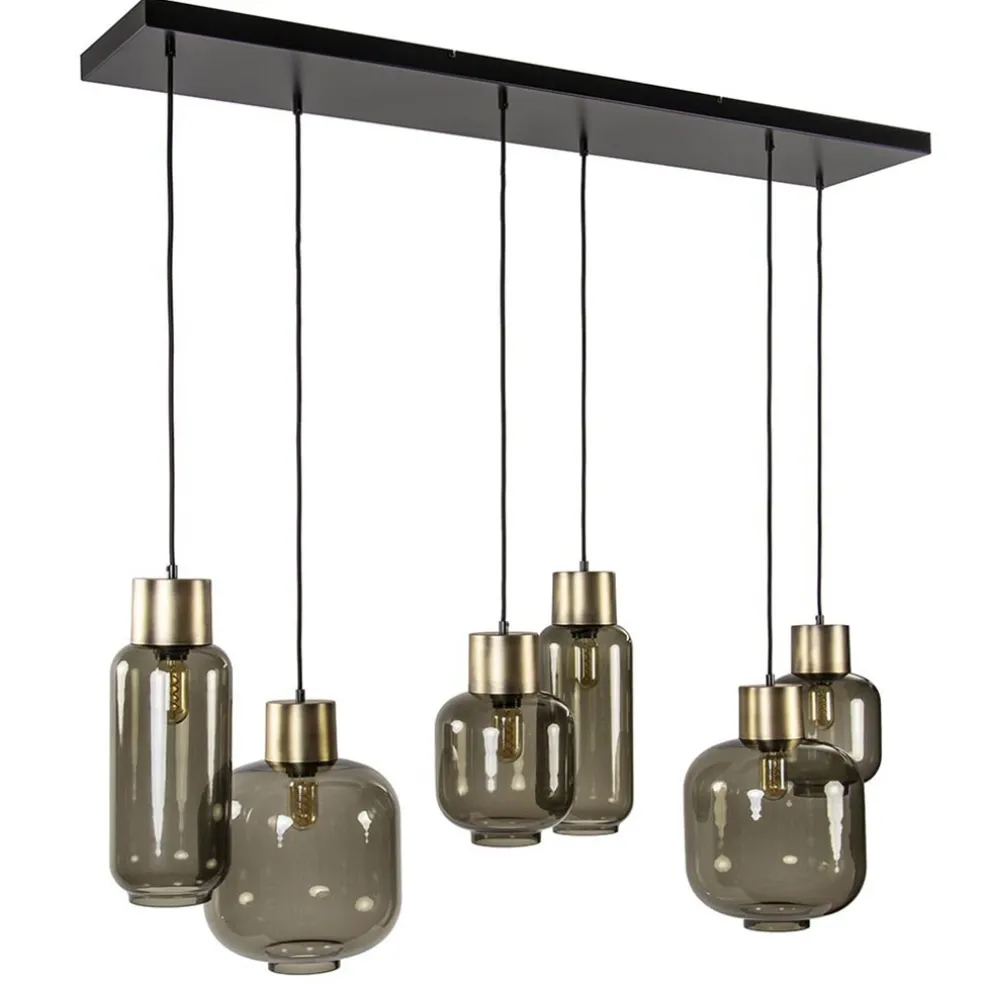 Hanglamp Lett 6L zwart/brons+glas smoke