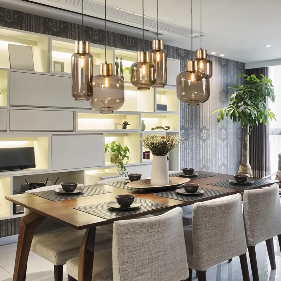 Hanglamp Lett 6L zwart/brons+glas smoke