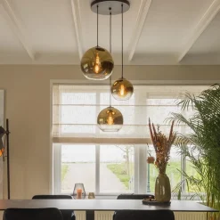 Hanglamp 3-lichts rond zwart met goud gradient glas