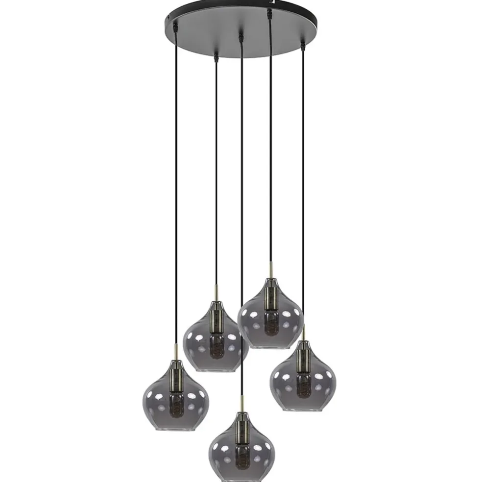 Hanglamp Rakel 5L rond antiek brass + smoke glas