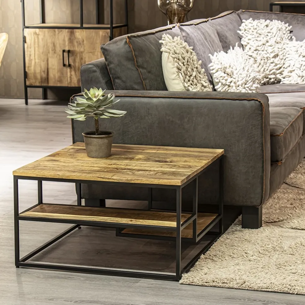 Hoektafel mangohout met zwart frame 70x70x40 cm