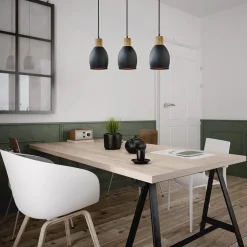 Industrieel landelijke hanglamp 3-lichts zwart met hout