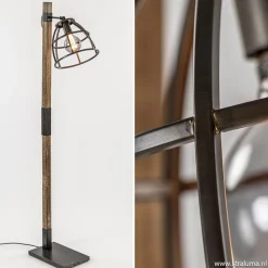 Industrieel landelijke vloerlamp Matrix hout met metalen korf