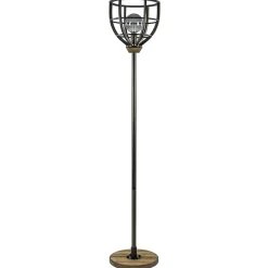 Industriële vloerlamp zwart staal met houten details
