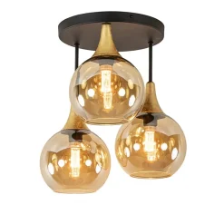 Klassieke plafondlamp zwart/goud met amber glas