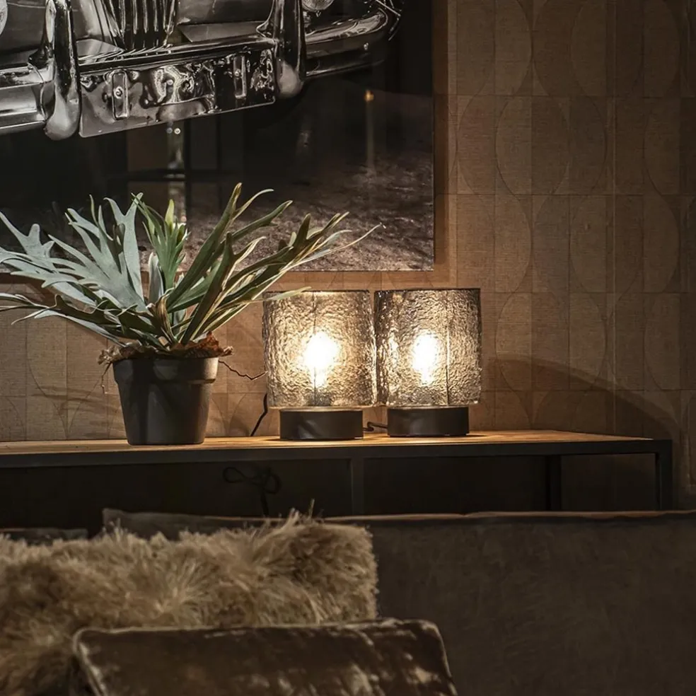 Kleine tafellamp zwart met smoke glazen kap