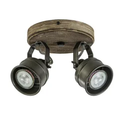 Landelijke 2-lichts opbouwspot gun metal met hout