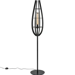 Landelijke vloerlamp mat zwart met houten kap