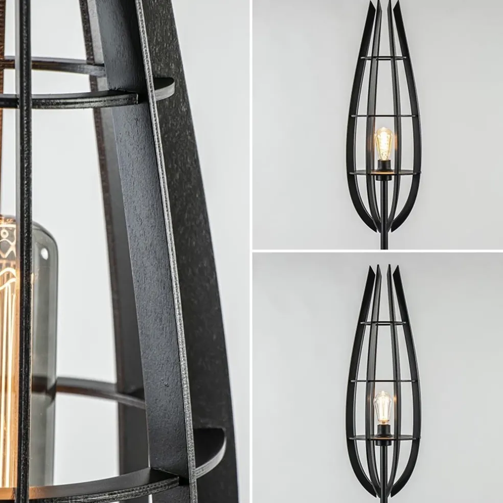 Landelijke vloerlamp mat zwart met houten kap