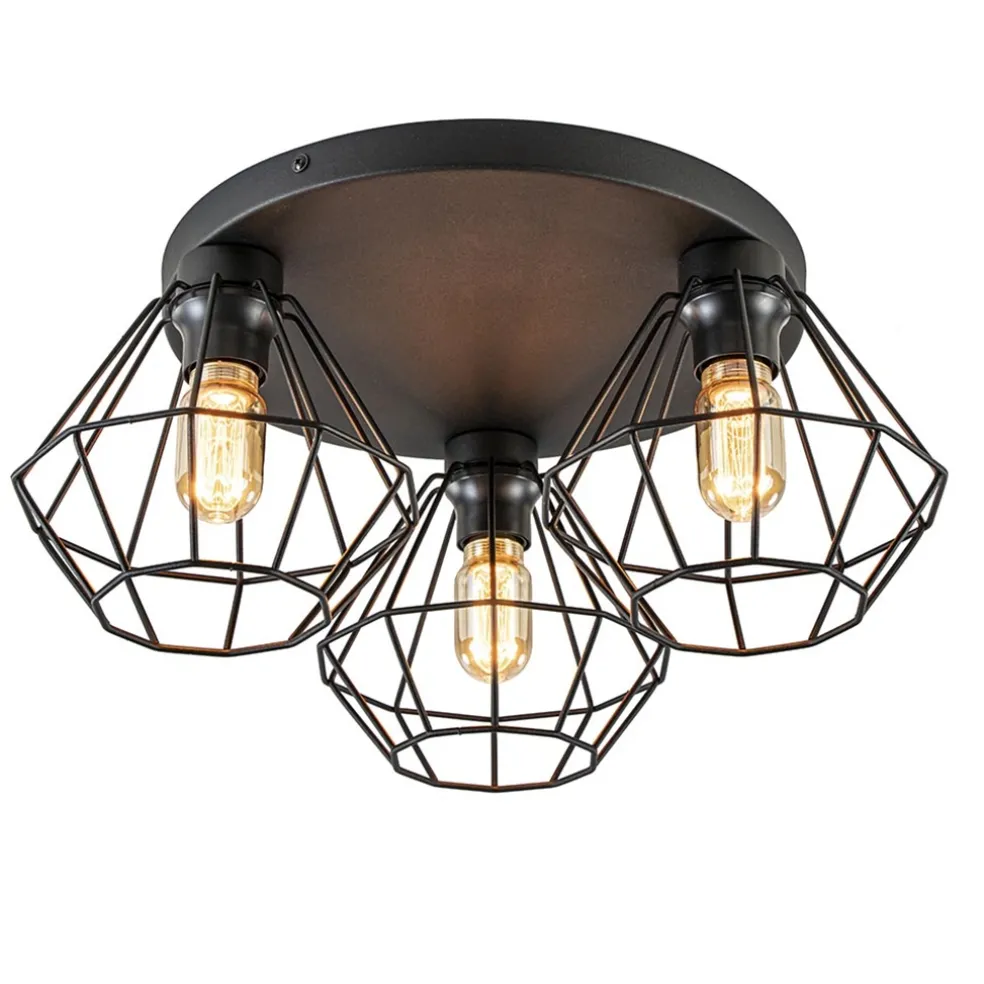 3-Lichts draadlamp diamant mat zwart