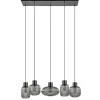 5-Lichts eettafelhanglamp geribbeld smoke glas met zwart