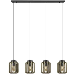 4-Lichts eettafelhanglamp mat zwart met ruw hout