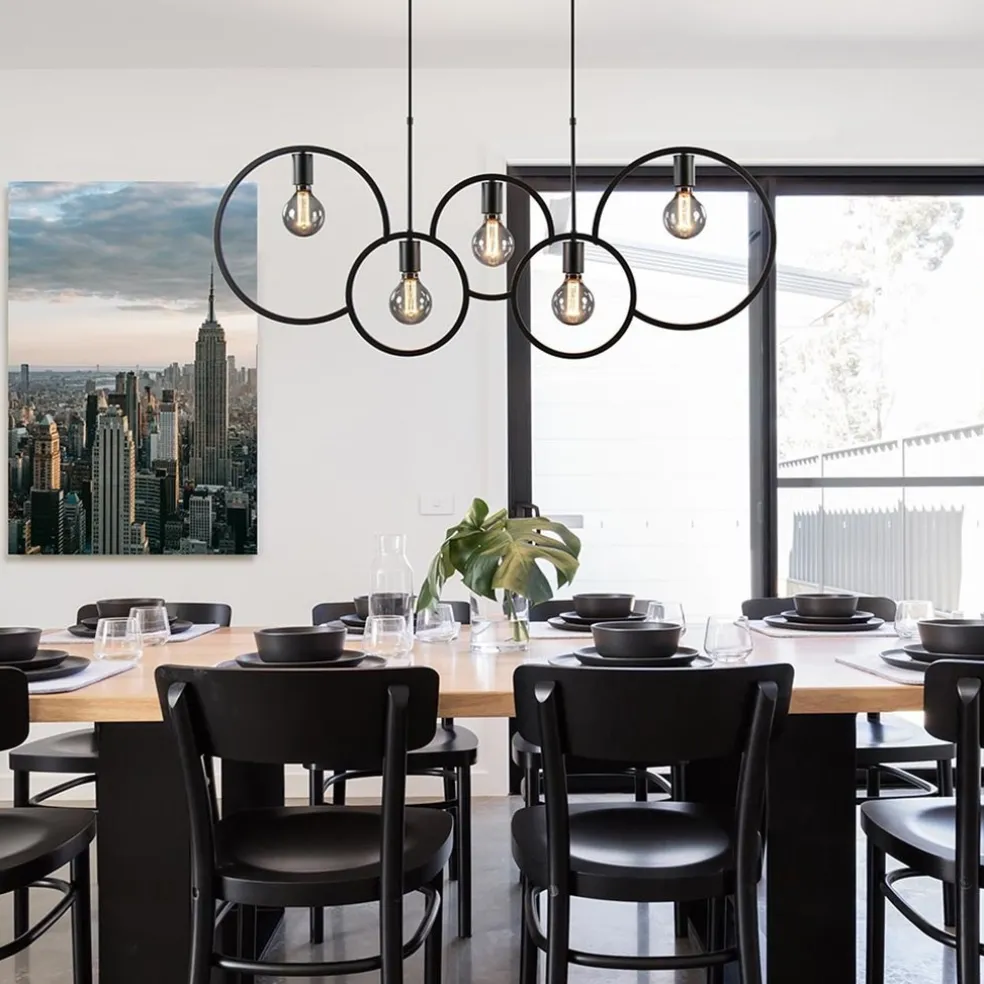 5-Lichts eettafelhanglamp ringen mat zwart