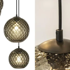 8-Lichts eettafelhanglamp zwart met smoke glazen kappen reliëf