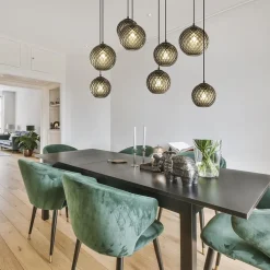 8-Lichts eettafelhanglamp zwart met smoke glazen kappen reliëf