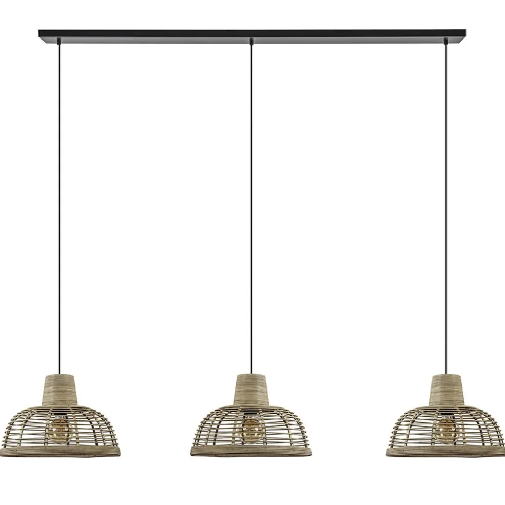 3-Lichts eettafelhanglamp zwart met rotan kappen