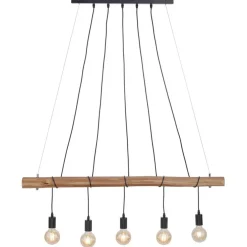 5-Lichts hanglamp houten balk met zwarte pendels