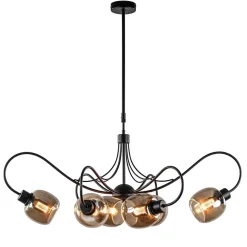 6-Lichts hanglamp mat zwart met smoke glazen kappen