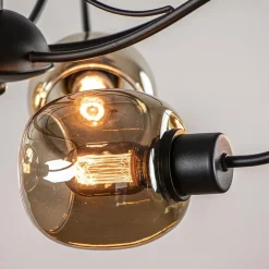6-Lichts hanglamp mat zwart met smoke glazen kappen